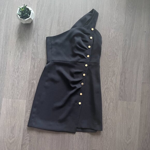 SANDRO Black “Melinda” One Shoulder Mini Dress with Gold Buttons - Picture 2 of 15